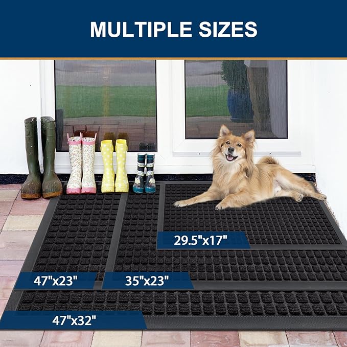 Smiry Front Door Mat Outside Entrance, Heavy Duty Natural Rubber Doormat, Non Slip, Trap Dirt and Moisture, Easy Clean, Low Profile Welcome Floor Mats for Indoor Outdoor Entry, 47x32 Inch, Black