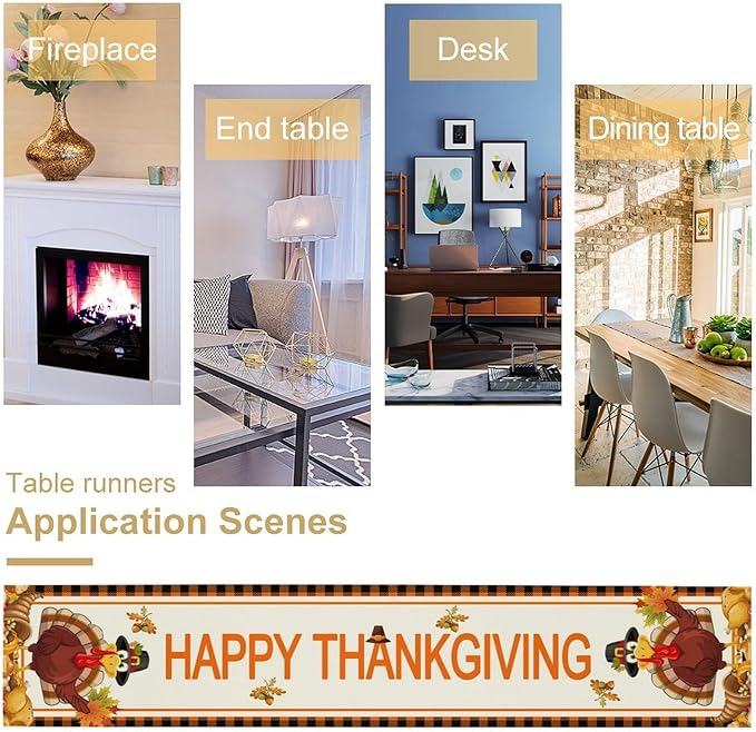 Happy Thanksgiving Table Runner, Autumn Pumpkin Maple Leaves Turkey Print Fall Harvest Holiday Kitchen Dining Table Decor for Indoor Outdoor Party, 13x70inch