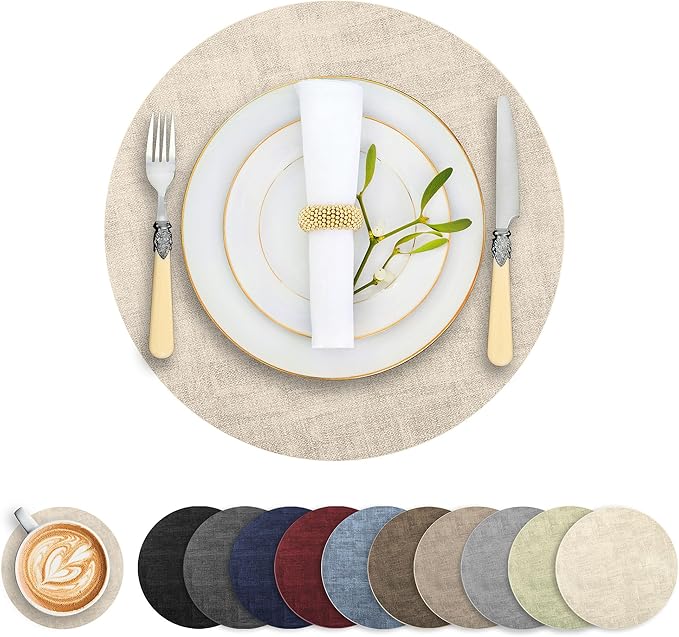 Round Faux Leather Placemats and Coasters, Set of 4, Reversible Heat Resistant Non-Slip Table Mats, Waterproof Wipeable Place Mats for Dining Table, Washable for Indoor & Outdoor (4, Beige)