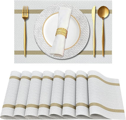Beige Placemats Set of 8 - Heat Resistant Non-Slip Place mats for Dining Table, Washable Durable PVC Vinyl Woven Table Mats (Beige)