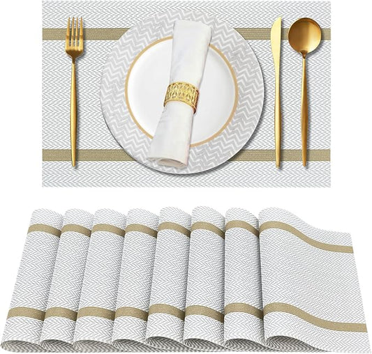 Beige Placemats Set of 8 - Heat Resistant Non-Slip Place mats for Dining Table, Washable Durable PVC Vinyl Woven Table Mats (Beige)