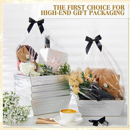 Wonderjune 20 Pcs Valentines Day Gift Baskets Empty To Fill Baskets For Gifts Empty With Gift Bag Bow Valentines Gifts Storage Basket Bulk for Wedding Party Wrapping(Diagonal Silver)