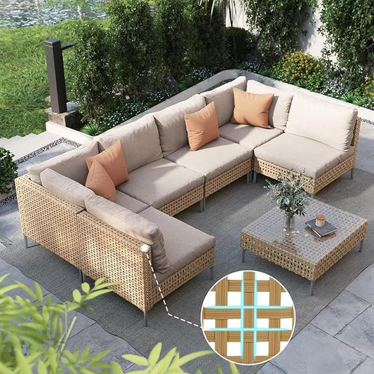 Grand patio 7-Piece Wicker Patio Furniture Set, Boho Outdoor Conversation Set Sectional Sofa with Water Resistant Thick Cushions and Coffee Table, Cream