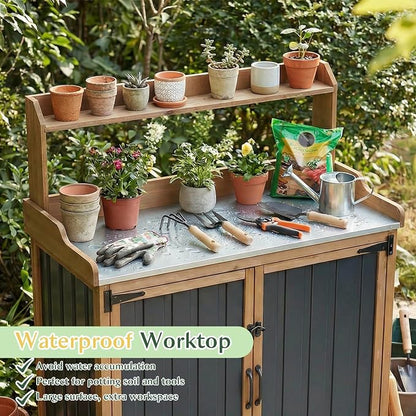 Outdoor Storage Cabinet with 4 Wheels and Handle, Metal & Wood Potting Bench - Image 2