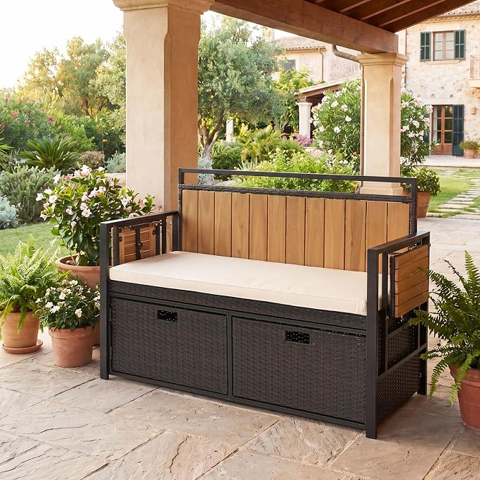 Outdoor Storage Bench, Outside Cushioned Loveseat Seating - Image 2