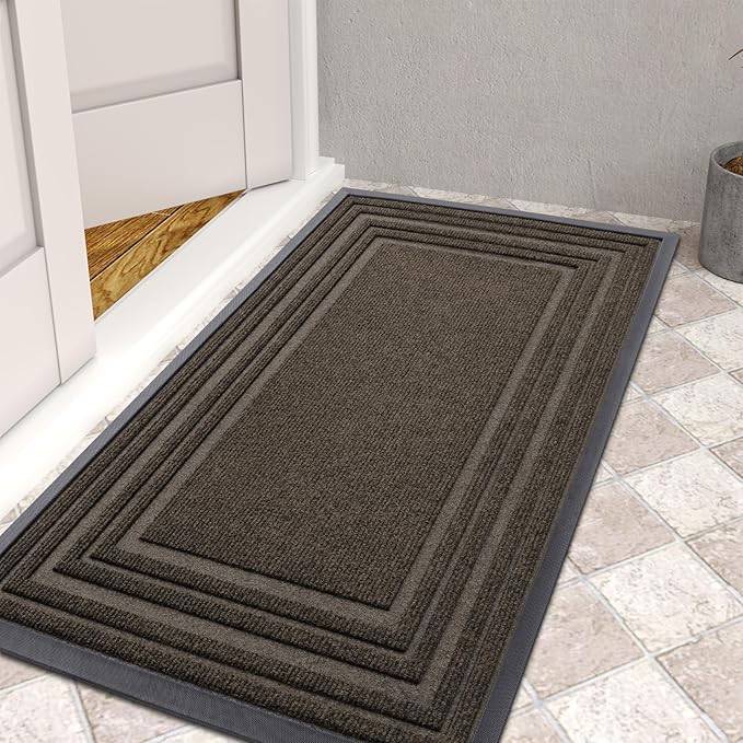 Buganda Front Door Mat Indoor Outdoor Entrance, Non-Slip Natural Rubber Doormats, Easy Clean, Low Profile, Dirt Trapper Entryway Floor Mats for Outside, Garages and Patios, 29.5x17, Brown