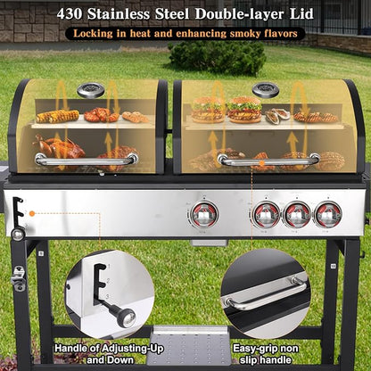 CIG GARDEN Gas and Charcoal Combo Grill, 3 Burner Propane Gas Grill with Side Burner, Cast Iron Grates Outdoor Barbecue Grill with 41,500 BTU Output, Perfect for Outdoor Cooking, Balcony, Camping