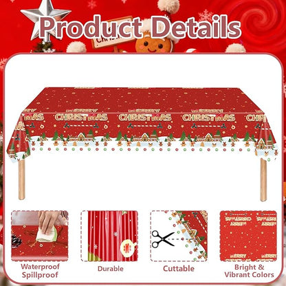 Merry Christmas Party Table Cloth Decorations Red Orange Gingerbread Plastic Xmas Tablecloths - 54x108inch Snowflake Christmas Tree Disposable Table Cover for Holiday Indoor Outside Home