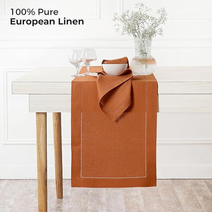 D'Moksha Homes Linen Rust Table Runner 60 Inches - Classic Hemstitch, 100% Pure Linen Coffee Table Runner 14 x 60 Inch Ideal for Dresser Tables - Spring, Easter