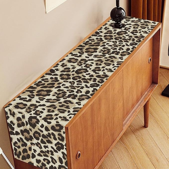Leopard Print Table Runner, Animal Fur Print Western Style Table Runner Country Farmhouse Cottage Cow Pattern Linen Table Decoration for Home Kitchen Dining 13x108