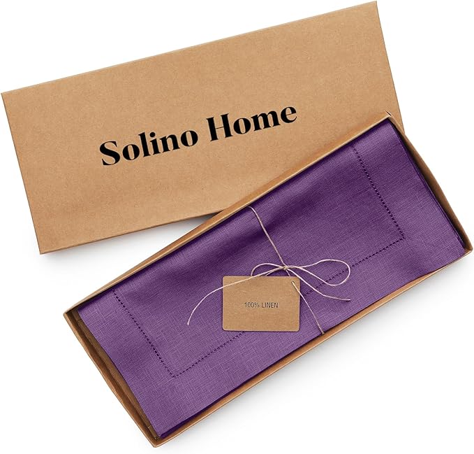 Solino Home Linen Purple Table Runner 144 Inches Long - 100% Pure Linen Extra Long Table Runner 14 x 144 Inch for Valentines, Spring, Easter - Classic Hemstitch