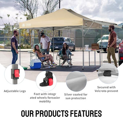 CROWN SHADES 10x10 Pop up Canopy Tent, Instant Commercial Canopy with Extend Awning, Patended Centerlock, 150D Silver Coated Fabric, 4 Ropes, 8 Stakes, 4 Weight Bags, STO 'N Go Bag, Khaki