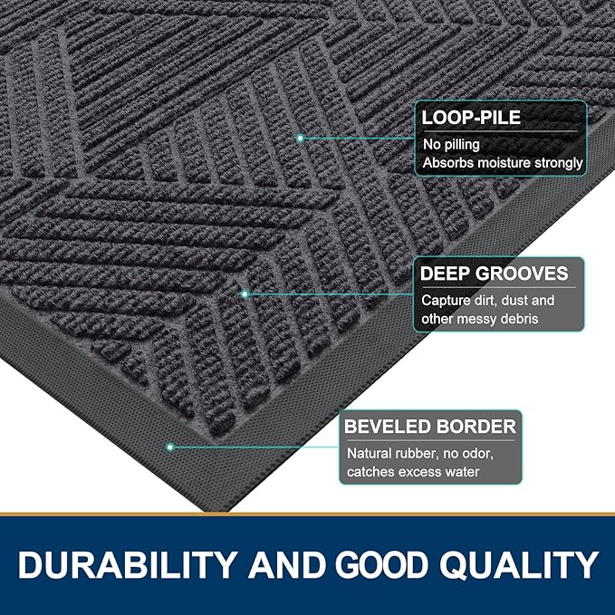 Smiry Front Door Mat Outside Entrance, Heavy Duty Sturdy Natural Rubber Doormat, Trap Dirt and Moisture, Easy Clean Low Profile Mats for Indoor Outdoor Entry, Irregular Triangle (47x24, Medium Grey)