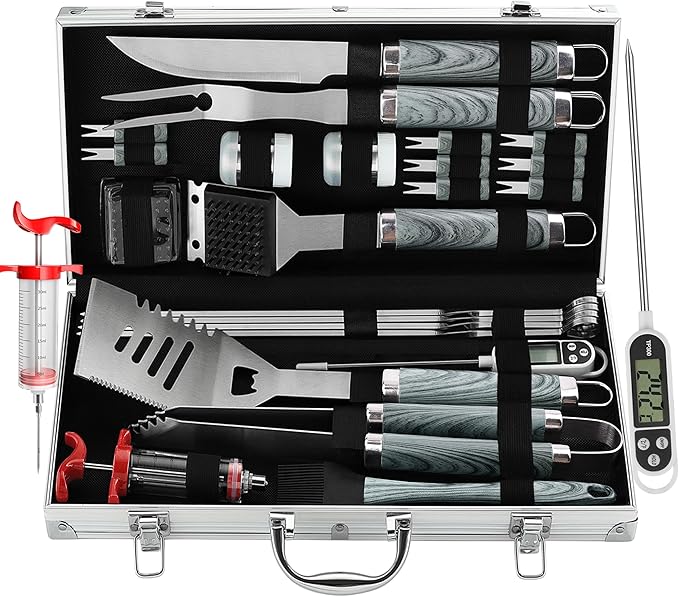 grilljoy 24PCS BBQ Grill Tools Set with Meat Thermometer and Injector - Extra Thick Stainless Steel Fork, Spatula& Tongs - Complete BBQ Accessories in Aluminum Case - Perfect Grill Gifts for Men Grey