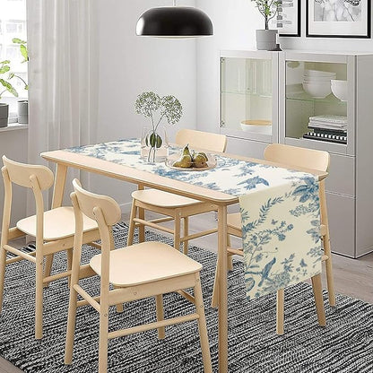 Spring Flower Table Runner, Farmhouse Vintage Blue White Floral Bird Print Table Runner for Kitchen Dining Table Party Wedding Decor, 13x120inch