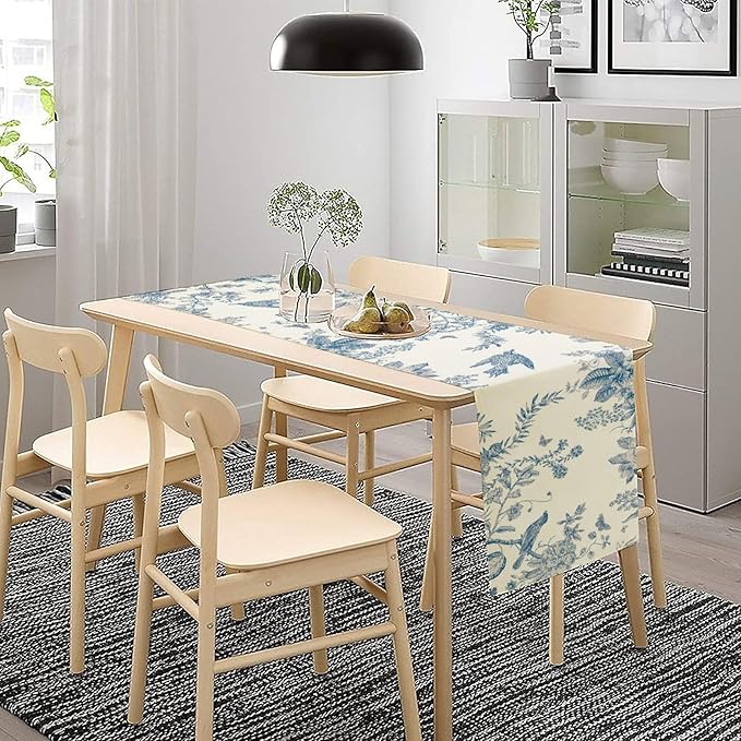 Spring Flower Table Runner, Farmhouse Vintage Blue White Floral Bird Print Table Runner for Kitchen Dining Table Party Wedding Decor, 13x108inch