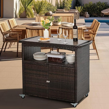 Outdoor Bar Cart with Storage Cabinet Patio Wicker Sideboard Buffet Cabinet Prep Table Outside Kitchen Serving Cart with Rolling Wheels & Handle Rattan Portable Bar Table with Shelves Doors Brown