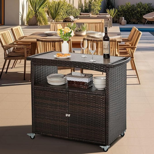 Outdoor Bar Cart with Storage Cabinet Patio Wicker Sideboard Buffet Cabinet Prep Table Outside Kitchen Serving Cart with Rolling Wheels & Handle Rattan Portable Bar Table with Shelves Doors Brown
