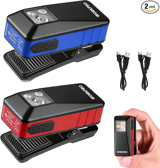 WORKPRO 2PCS EDC Flashlight Clip-on Light, 500 Lumens Rechargeable Flashlight with Type-C, Magnetic Pocket Light for Working, Cycling, Signaling, Running, Camping