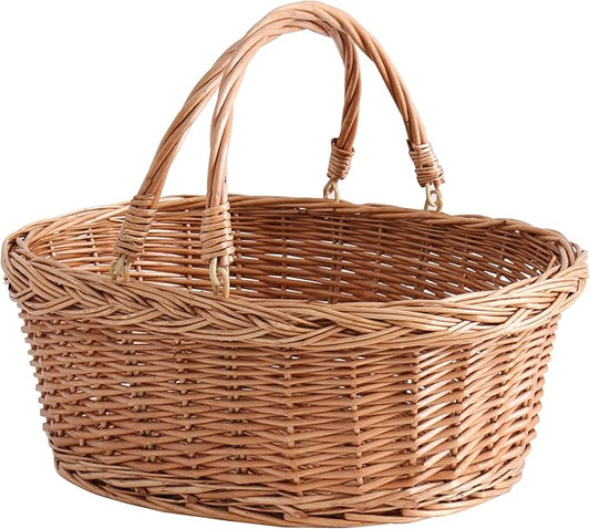 Wicker Picnic Basket with Handles, Handwoven Gift Basket, Shopping Basket, Natural Brown - Small