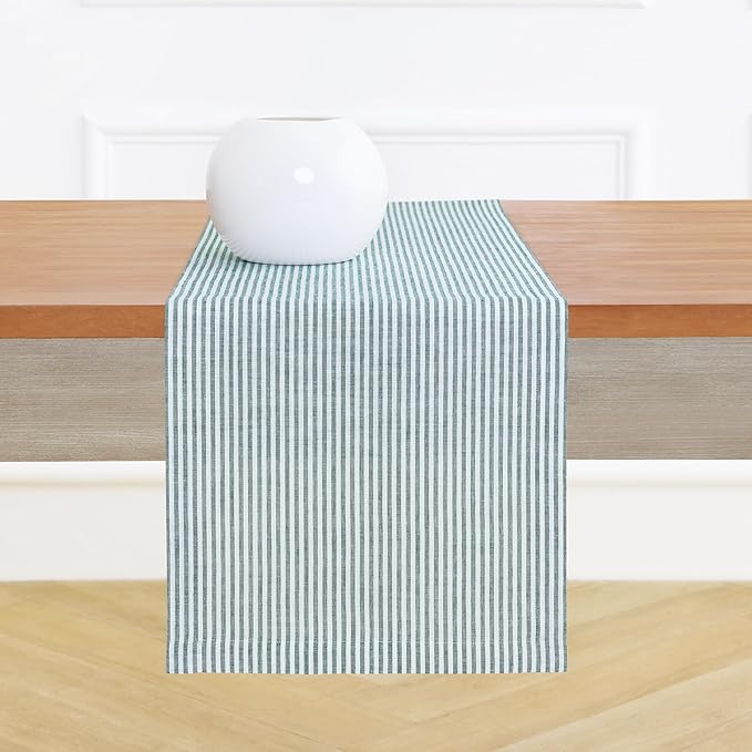 Solino Home Linen Striped Table Runner 60 Inches - Narrow Stripe, 100% Pure Linen Rainforest and White Small Table Runner 14 x 60 Inch Ideal for Dresser and Coffee Tables - St Patricks Day