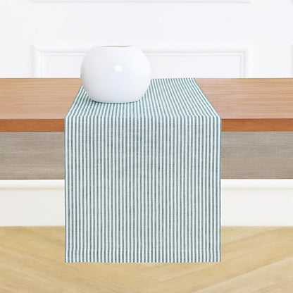 Solino Home Linen Table Runner 48 Inches - Narrow Stripe 100% Pure Linen Rainforest and White Farmhouse Table Runner 14 x 48 Inch Ideal for Dresser and Coffee Tables - St Patricks Day