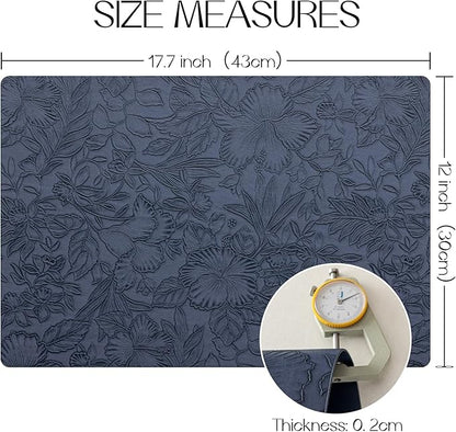 Romanstile Vinyl Placemats Set of 6-12 X 18 Inch - Heat Resistant Non-Slip Embossed Floral Place Mats 100% Waterproof Oilproof Wipeable Faux Leather Table Mats for Kitchen/Dining/Party, Navy Blue