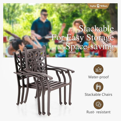 Sophia & William 7 Pieces Cast Aluminium Patio Dining Furniture Set for 6, Powder-Coating Outdoor Dining Chairs and Round Table with 2.2" Umbrella Hole for Porch Backyard Deck, Bronze
