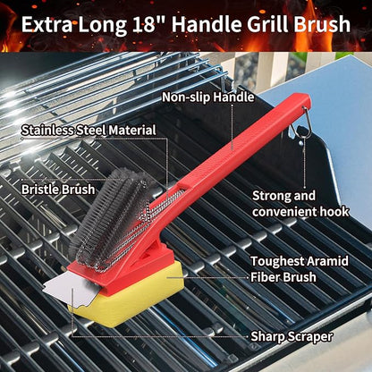 BBQ Grill Brush with Scraper-Removable BBQ Clearning Brush Head with Wire Bristles Brush & 2 Steam Brush-Red Grill Cleaner Brush Accessories for Gas/Charcoal Grilling Grates-Gifts for Grill Men