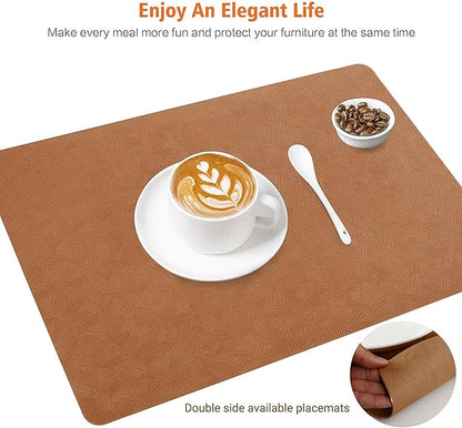 Vinyl Placemats Set of 4 Heat Resistant Easy Clean Non-Slip Place Mats for Dining Table. Faux Leather Waterproof Stain Resistant Wipeable Washable PU Table Mats(4, Light Brown)