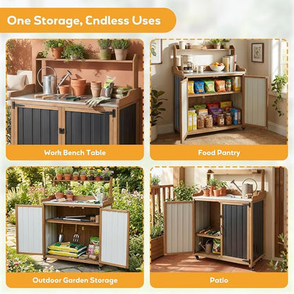Potting Bench with Storage & Wheels, Mobile Outdoor Cabinet - Image 6