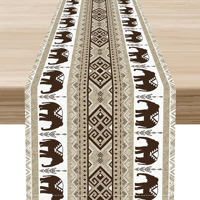 African Tribal Table Runner, Rustic Boho Elephants Diwali India Aztec Bohemian Animal Brown Ethnic Folk Coffee Table Center Decor for Home Kitchen Holiday Party Outdoor Table Decorations, 13"x108"