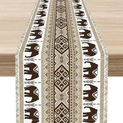 African Tribal Table Runner, Rustic Boho Elephants Diwali India Aztec Bohemian Animal Brown Ethnic Folk Coffee Table Center Decor for Home Kitchen Holiday Party Outdoor Table Decorations, 13"x108"