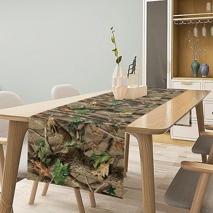 Forest Camouflage Table Runner, Camo Conifer Oak Branches Mossy Hunting Lodge Camp Cabin Table Runner for Kitchen Dining Room Party Camping 13x90in
