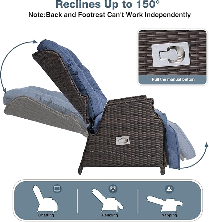 Outdoor Wicker Recliner with Adjustable Back and Footrest, PE Rattan Lounge - Image 3