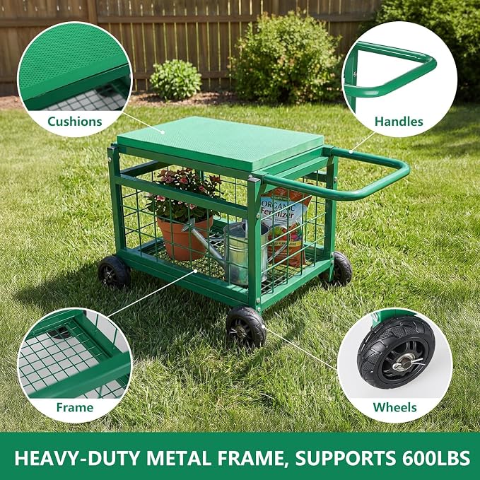 Garden Seat with Wheels, Rolling Garden Stool Heavy Duty Gardening Cart with - Image 4
