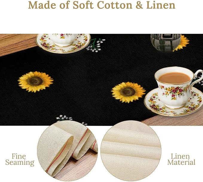 Sunflower Table Runner,Spring Summer Watercolor Floral Plants Leaves Print Table Runner for Kitchen Dining Table Home Holiday Party Indoor Outdoor Decor 13x120in
