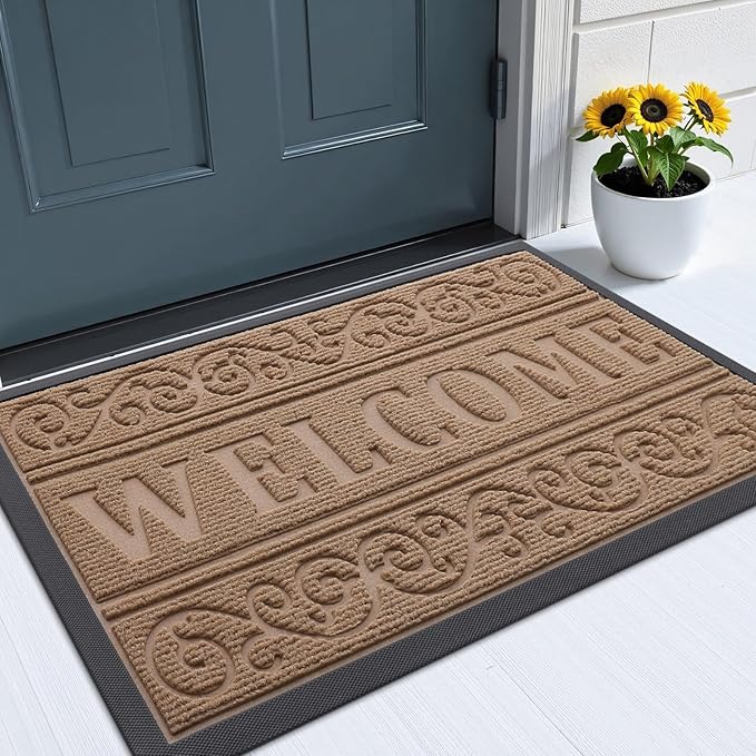 OLANLY Welcome Door Mat Indoor Outdoor Entrance, Heavy Duty Sturdy Front Door Mat, Waterproof All-Weather Doormat, Stain Resistant, Low Profile, Easy Clean Patio Entryway Mat, 36 x 24, Light Brown