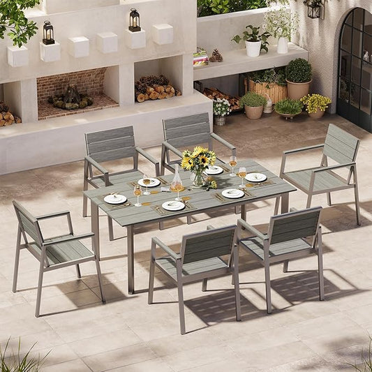 Outdoor Dining Set for 6, Patio Table and Chairs Set with Umbrella Hole, 7 Pieces HDPS + Aluminum Outdoor Furniture Sets for Patio, Garden (Gray & Teak)