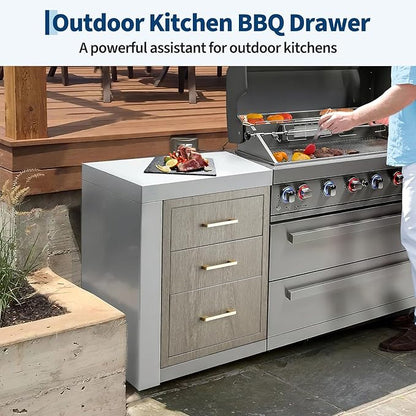 Stainless Steel Outdoor Kitchen Triple Drawers 14" W x 20.3" D x 23" H - Heavy Duty with Handles, Weather-Resistant Flush Mount for BBQ Island, Patio Grill & Outdoor Cooking Space