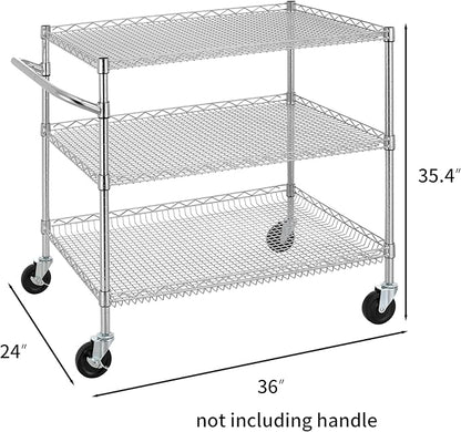 Finnhomy 3 Tier Heavy Duty Commercial Grade Utility Cart, Wire Rolling Cart with Handle Bar, Steel Service Cart with Wheels, Kitchen Carts on Wheels, Metal Cart Shelf Size 24" D x 36" W, NSF, Chrome