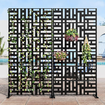 Casaphoria 72" H x 35" W Metal Privacy Screen, Outdoor Freestanding Decorative Divider for Patio, Deck, Balcony, and Garden with Stable Base, Black-Helen