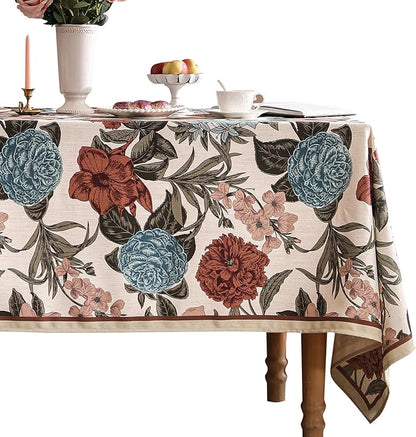 Designer French Linen Tablecloth for Rectangle Table,Red and Blue Floral Durable Long Tablecloths,Decor Table Cover for Kitchen,Dining,Thanksgiving,Farmhouse,63" × 102"-Burgundyred
