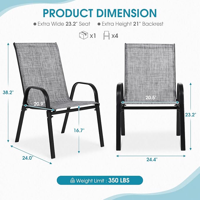 24.4" Wide Outdoor Stackable Chairs Set of 6 | Stacking Patio Chairs - Image 3