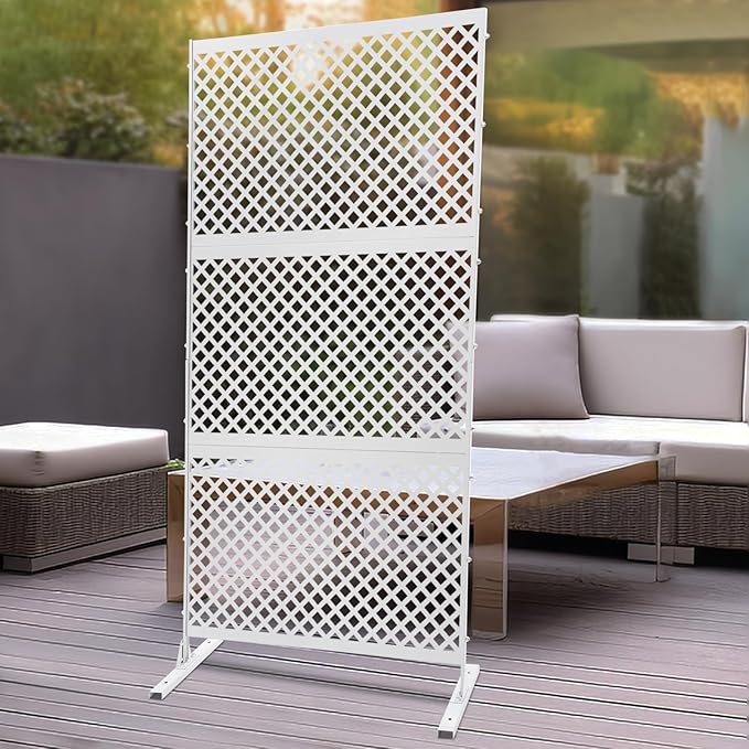 Outdoor Metal Privacy Screen with Stand, 35.4" W x 75" H Freestanding Metal Slatted Decorative Privacy Screen and Panels for Patio Garden Balcony Porch (White Grill)