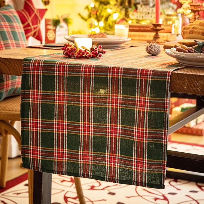 Green Red Plaid Christmas Table Runner, Winter Holiday Table Runners 90 inches Long, Xmas Decorations Indoor Outdoor Farmhouse Home Kitchen Dining Party Decor