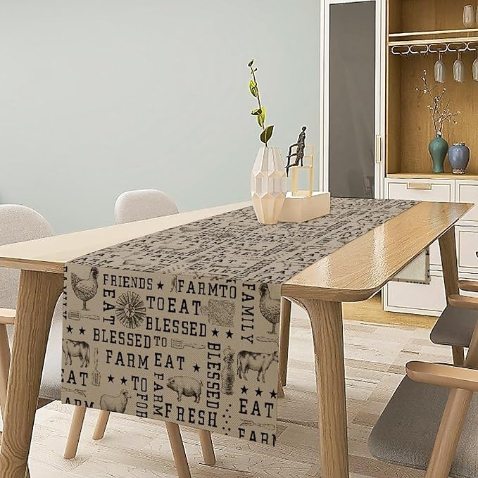 Farmhouse Animal Table Runner, Vintage Country Cow Chicken Sheep Pig Rustic Western Windmill Print Table Runner for Home Dining Kitchen Table Indoors Outdoors Party, 13x36inch