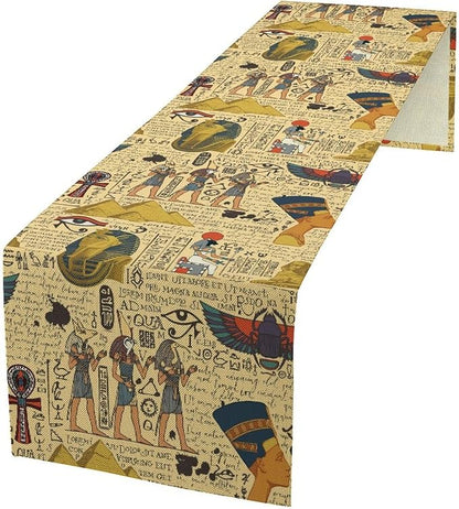 Ancient Egypt Table Runner, Egyptian Symbols Vintage Gold Pharaoh Pyramid Design Table Runner for Kitchen Family Dining Holiday Party 13x70in