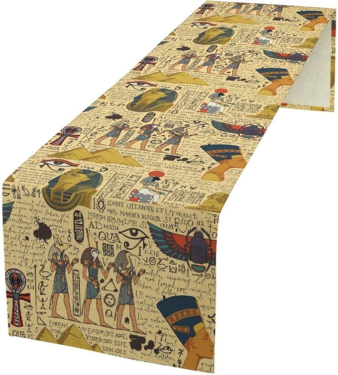 Ancient Egypt Table Runner, Egyptian Symbols Vintage Gold Pharaoh Pyramid Design Table Runner for Kitchen Family Dining Holiday Party 13x36in