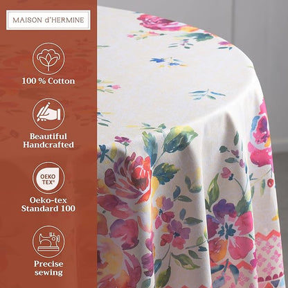 Maison d' Hermine Table Cloth Round Table 100% Cotton 69 Inches Tablecloth Reusable Decorative Everyday Use for Dining Room, Farmhouse, Home, Party, Festive & Wedding Spring Summer - Rose Garden